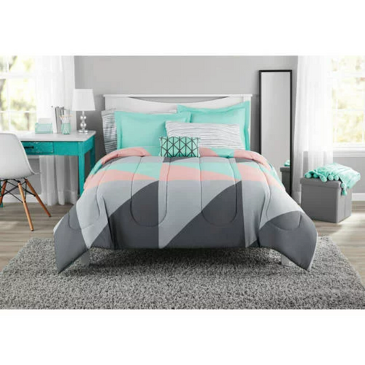 Gray and Teal Geometric 8 Piece Bed Bag Duvet Comforter Set