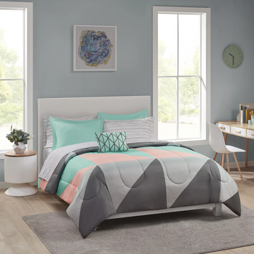 Gray and Teal Geometric 8 Piece Bed Bag Duvet Comforter Set